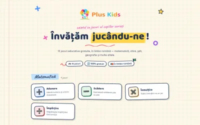 Ecranul de pornire al site-ului edu.pluskids.ro, cu cele patru jocuri de matematică: adunare, scădere, înmulțire și împărțire