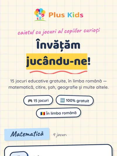 Ecranul de pornire al aplicației PlusKids Edu: „Învățăm jucându-ne!” și lista jocurilor de matematică