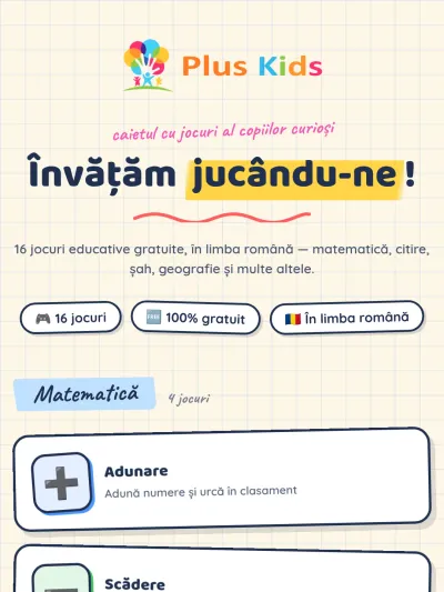 The edu.pluskids.ro home screen: "Learning through play!", 16 free educational games in Romanian