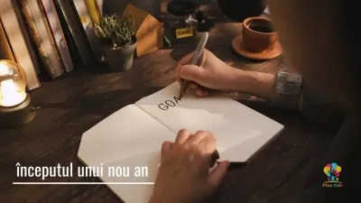 Un caiet deschis pe birou și o mână care scrie obiectivele la începutul unui an nou